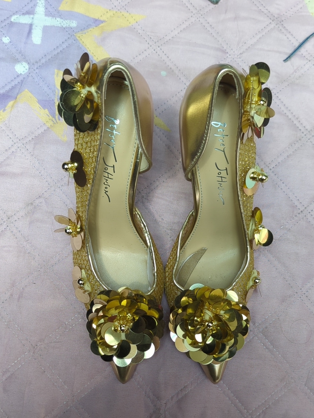 Betsey Johnson Nash D'orsay Gold Floral Sequin Pointed-Toe Pumps